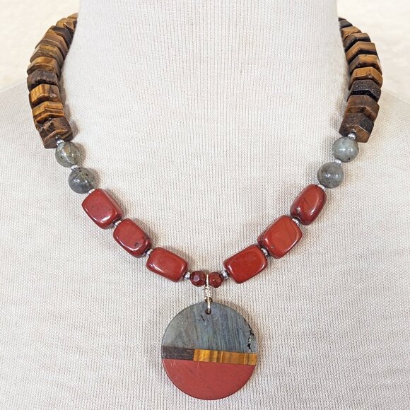 Elegant Brown Tiger's Eye, Labradorite & Red Jasper Statement Pendant Necklace - Picture 1 of 3